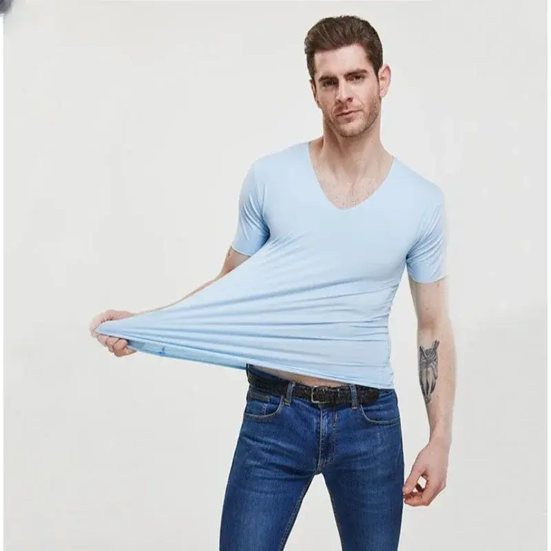 Thumbnail: Men's Ice Silk Thin Cool Feeling V-Neck Large Size Men T-Shirt Short Sleeve Loos