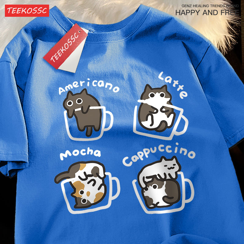 Thumbnail: Cat Coffee Pure Cotton Trendy Summer Loose Short Sleeved T-shirt Men Women Origi