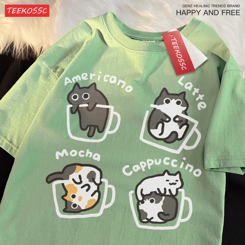Thumbnail: Cat Coffee Pure Cotton Trendy Summer Loose Short Sleeved T-shirt Men Women Origi