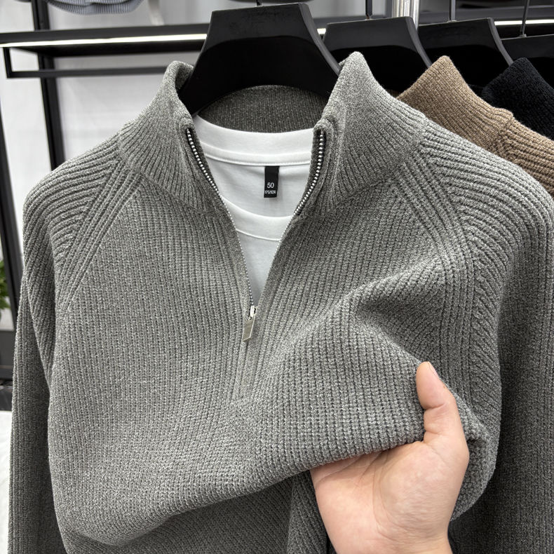 Thumbnail: Winter Men's Stand Collar Half-zip Knitted Shirt, Fashionable Stitching, Versati