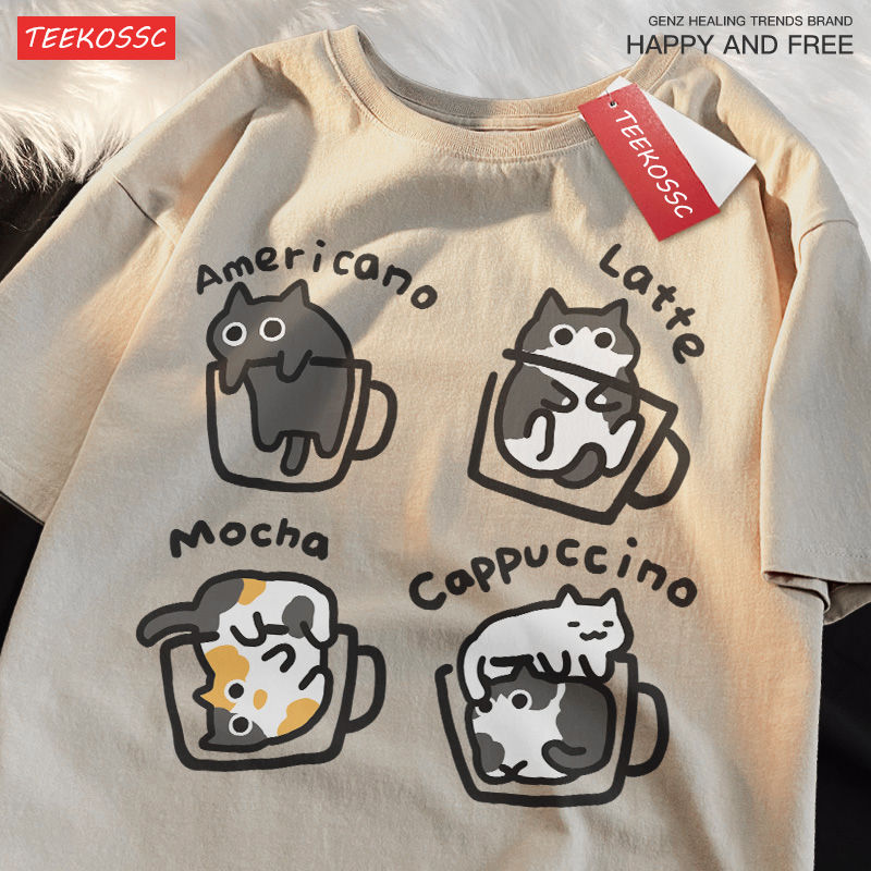 Thumbnail: Cat Coffee Pure Cotton Trendy Summer Loose Short Sleeved T-shirt Men Women Origi
