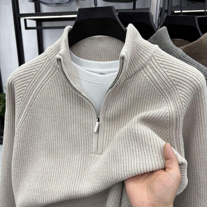 Thumbnail: Winter Men's Stand Collar Half-zip Knitted Shirt, Fashionable Stitching, Versati