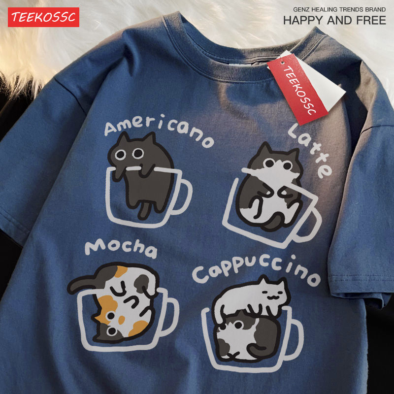 Thumbnail: Cat Coffee Pure Cotton Trendy Summer Loose Short Sleeved T-shirt Men Women Origi