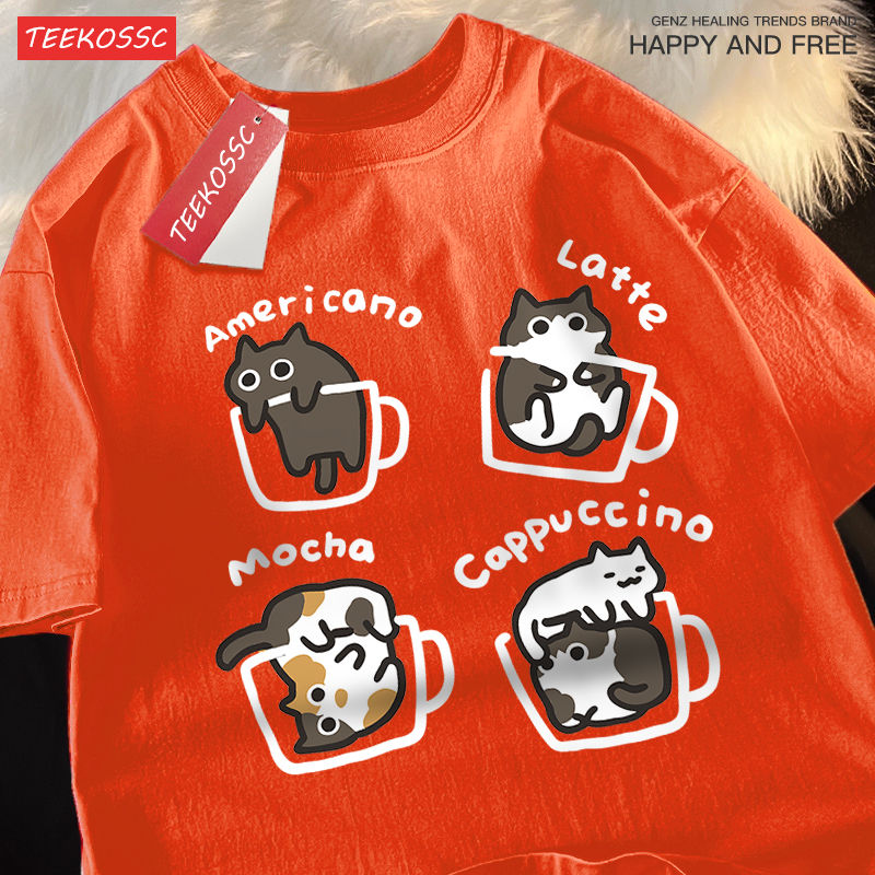 Thumbnail: Cat Coffee Pure Cotton Trendy Summer Loose Short Sleeved T-shirt Men Women Origi