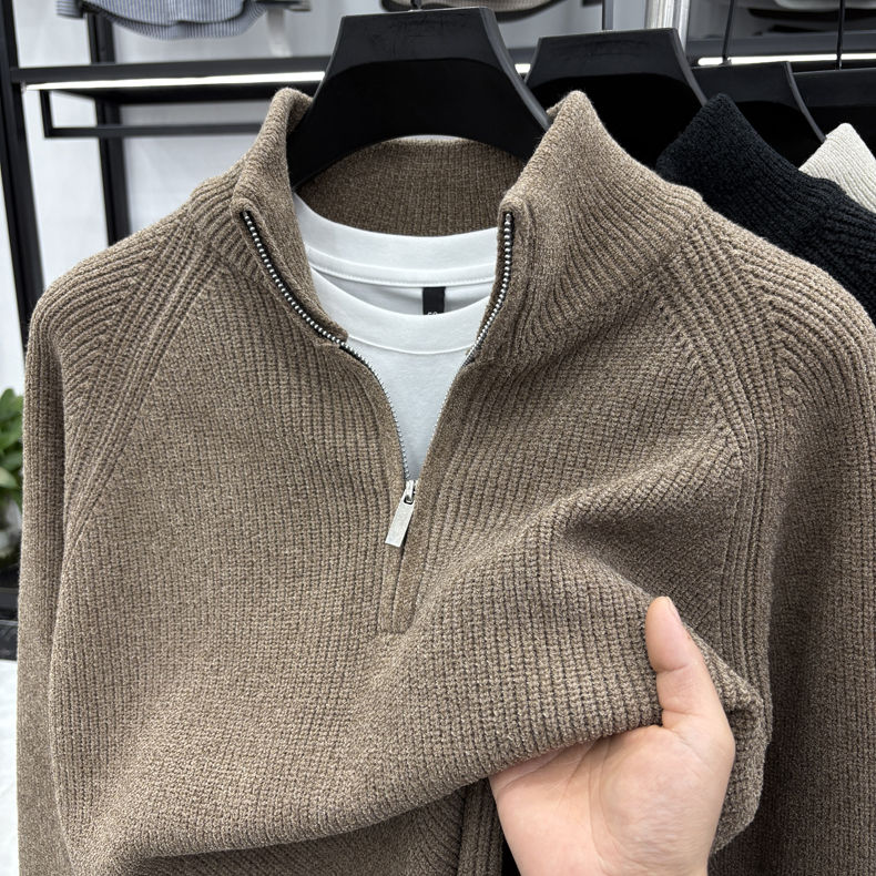 Thumbnail: Winter Men's Stand Collar Half-zip Knitted Shirt, Fashionable Stitching, Versati