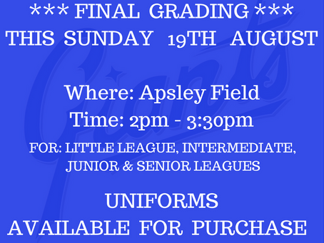 Giants - final grading, uniforms and last minute registrations