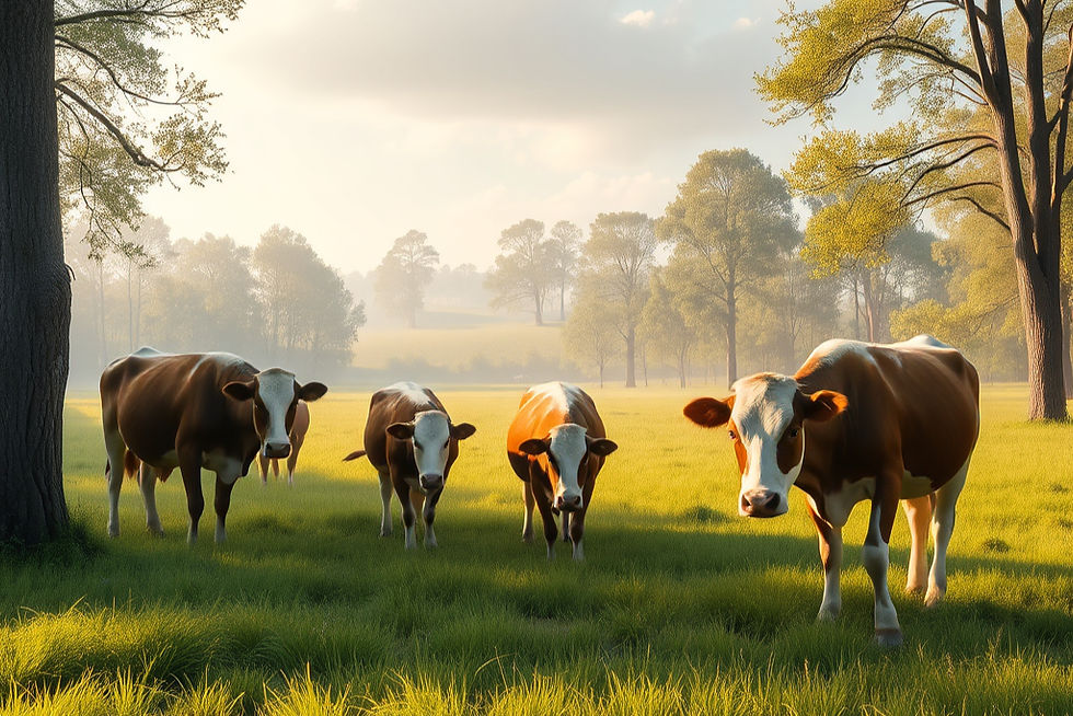 a beautiful background of cows grazing in green grass among trees on a gentle morning.jpg