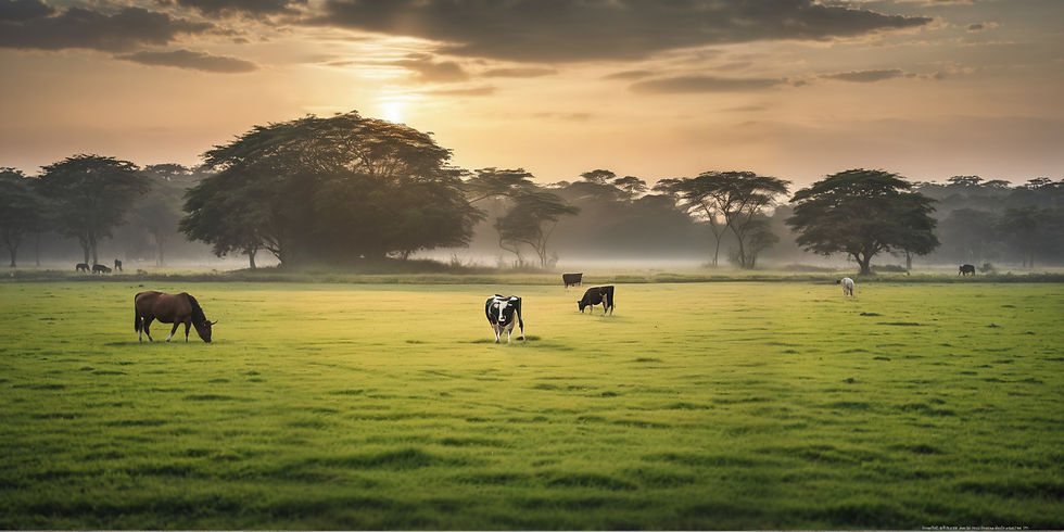 plain grass feild with cow grazing and trees in the sides with a view of sunrise