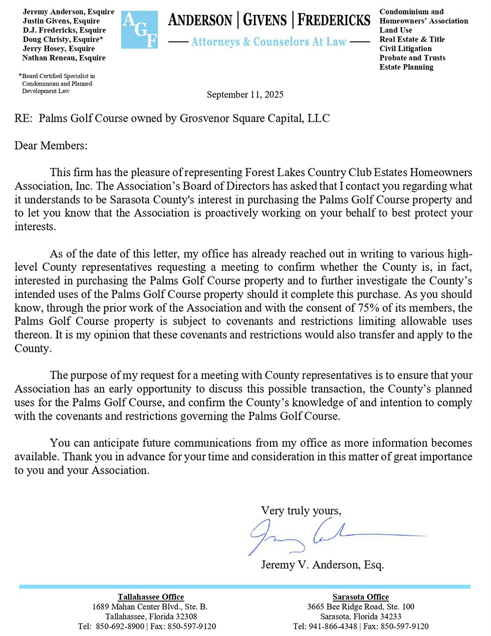 Important update: HOA covenant with Palms Golf Course