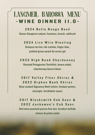 The Charming Squire's Langmeil Wine dinner event menu.