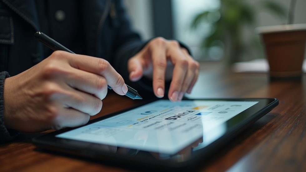 Close-up view of a person using a tablet with AWS training content