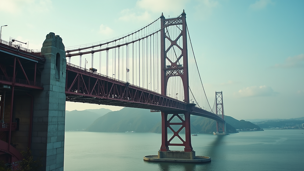 Close-up view of a large suspension bridge under construction