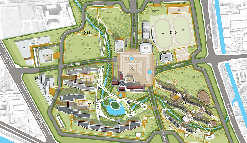 Illustrative masterplan layout for a large-scale urban development, featuring roads, zoning, and landscape planning.