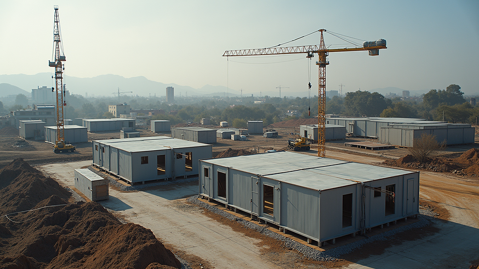 High angle view of modular building components being assembled on site