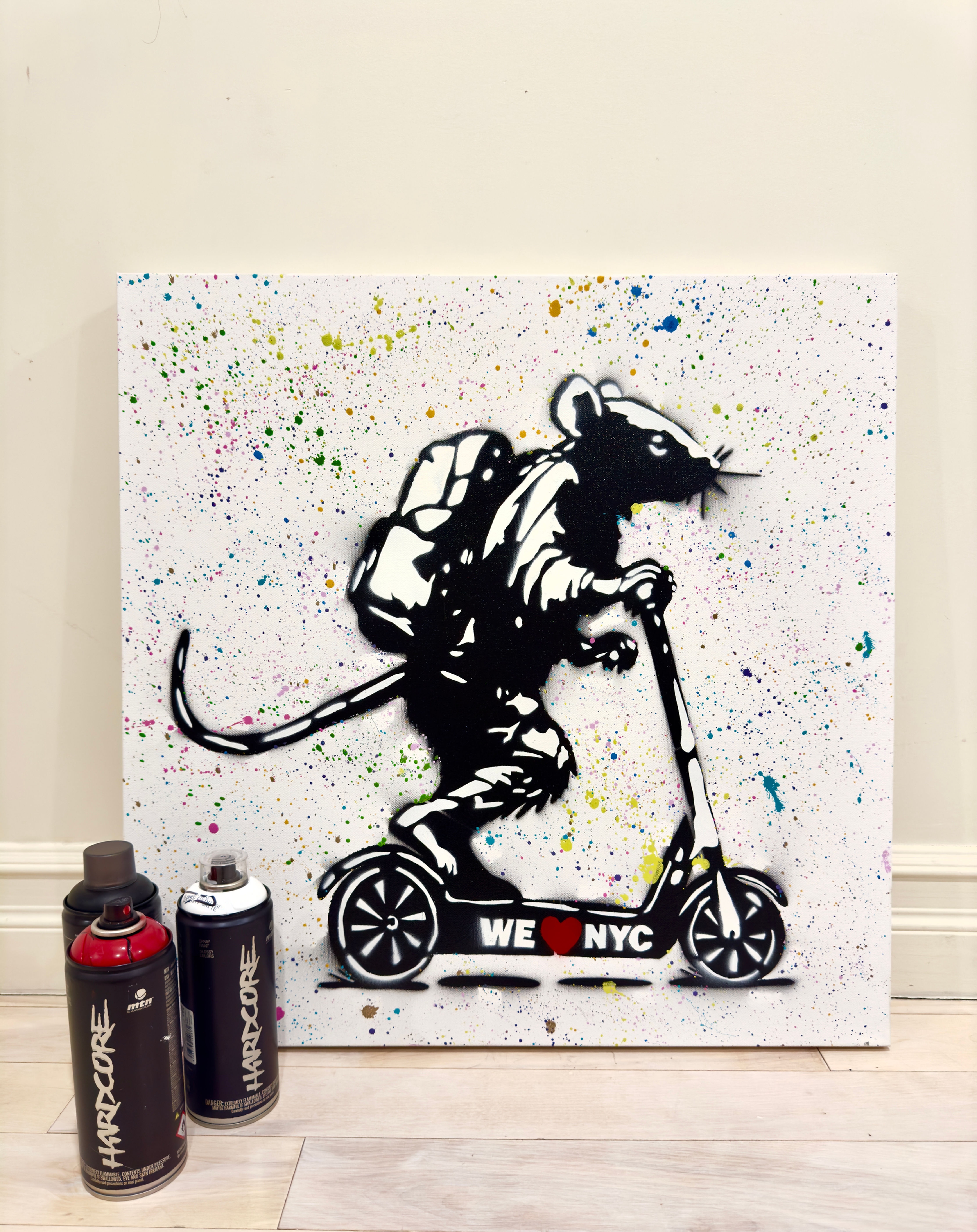 "Rat On A Scooter" splattered canvas