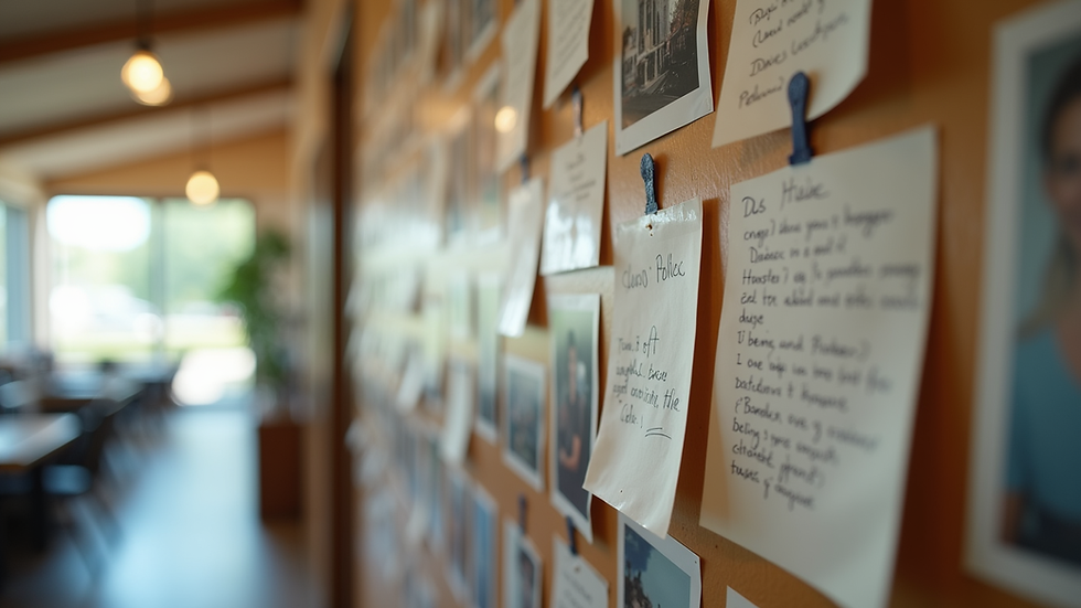 Close-up view of a community bulletin board filled with handwritten notes and photos