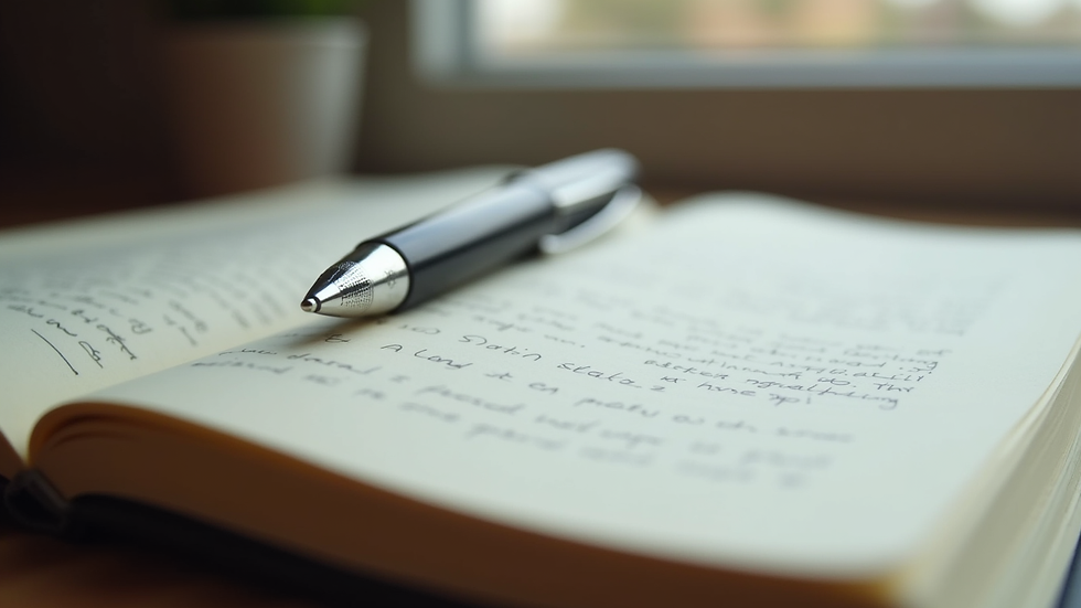 Close-up view of a handwritten journal with a pen resting on the page
