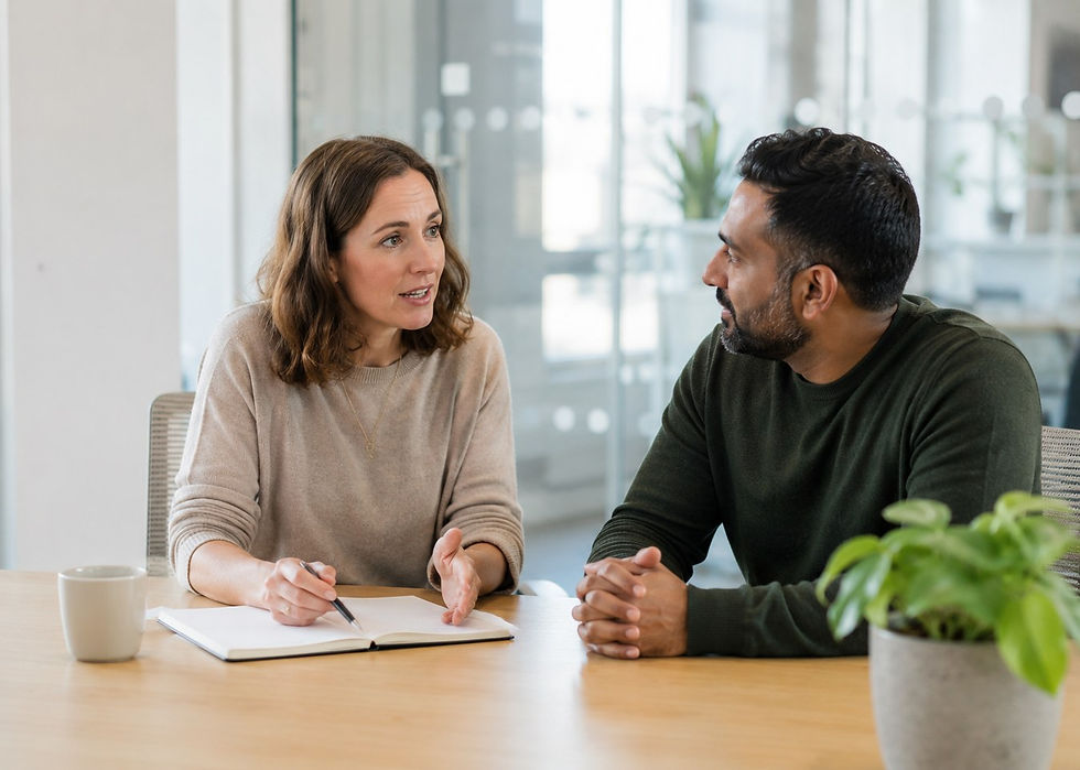 A TB Accountants adviser explaining side hustle tax rules to a client across a table in a bright office.