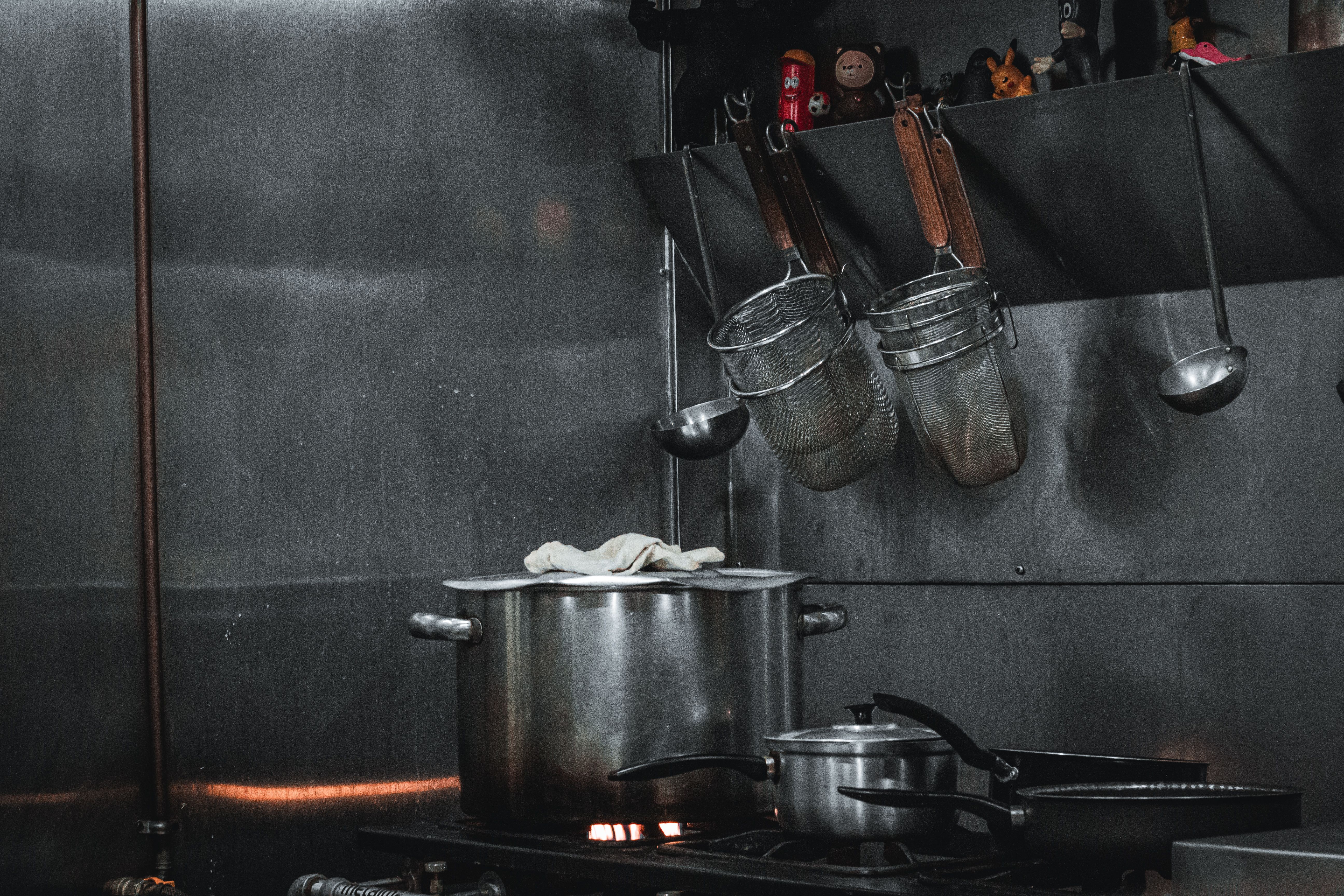 Cooking equipment and stainless steel surfaces in a commercial kitchen