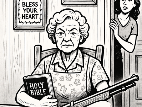 grandma with a Bible and a shotgun