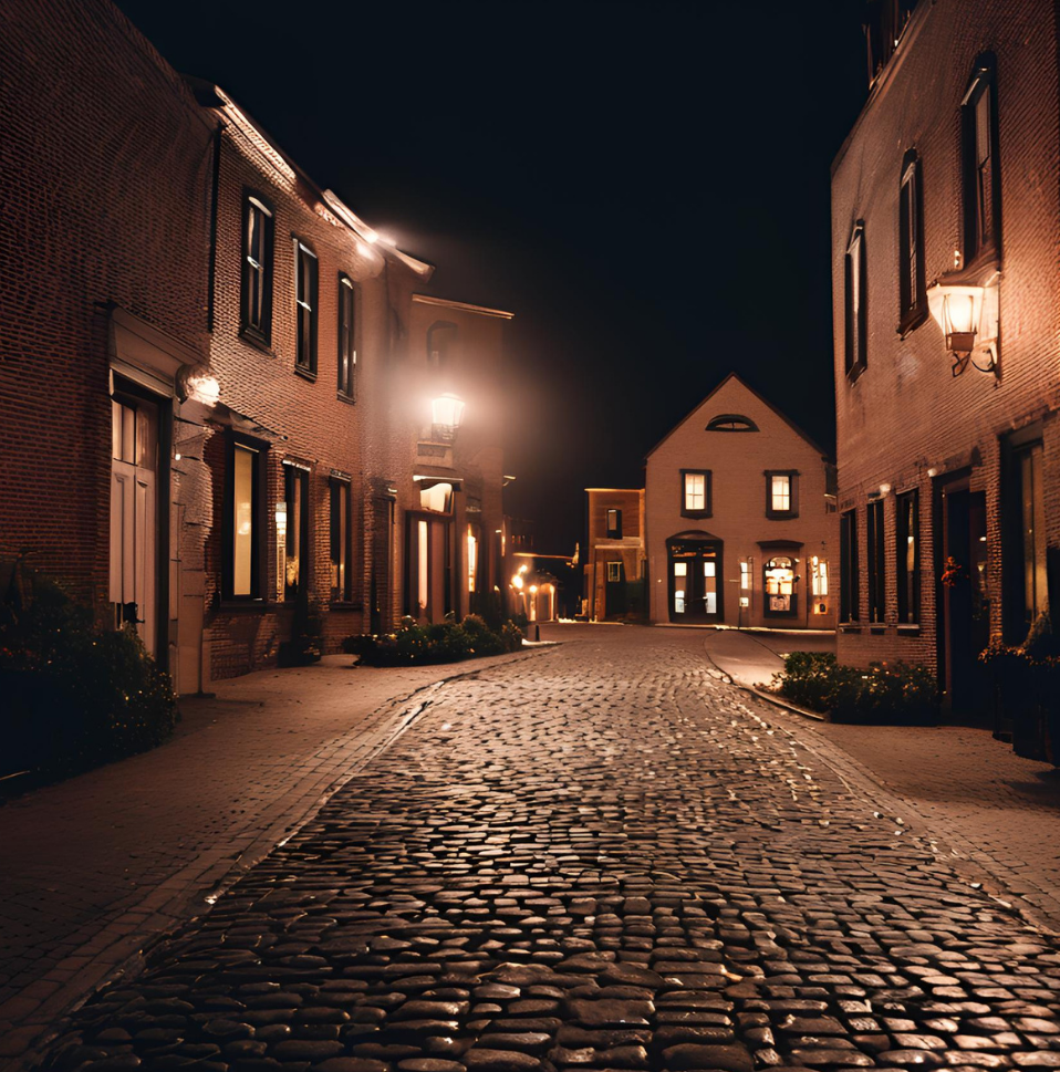 Empty cobblestone street in a small town at night with lit windows and old brick buildings