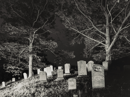 old cemetery with weathered headstones beneath dark trees in black and white