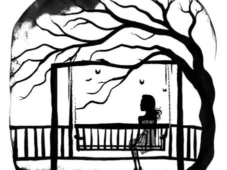 Black and white illustration of a woman sitting alone on a porch swing under a large, twisted tree. The branches loom over her as birds or bats fly in the sky. The atmosphere is quiet, tense, and slightly ominous—capturing the eerie calm of a rural Southern setting at dusk.