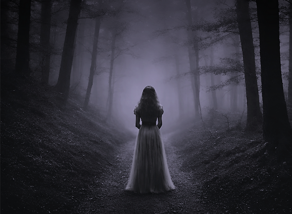 Woman in dark foggy forest