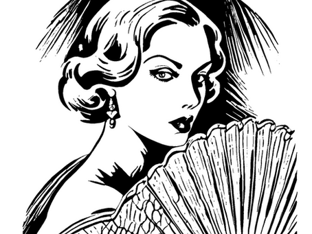 Black and white cartoon of mysterious woman with fan