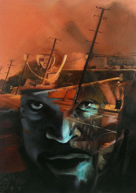 Urban art portrait of Ice Cube, with his face fused into a street view of Compton, capturing the essence of hip-hop and city life.