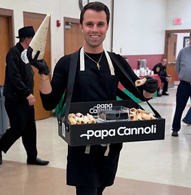 Papa Cannoli walking with a sleek serving tray