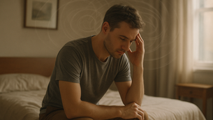 Ein junger Mann sitzt nachdenklich auf dem Rand eines Bettes in einem warm beleuchteten Schlafzimmer. Er stützt den Kopf mit einer Hand und blickt nach unten. Dezente, spiralförmige Linien um seinen Kopf symbolisieren aufdringliche oder kreisende Gedanken. Die Stimmung wirkt ruhig, aber belastet.