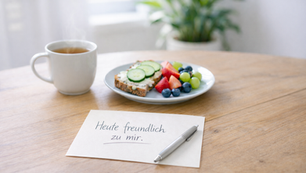 Ruhige Küchenszene mit einer Tasse Tee, einem kleinen Snack und einem handgeschriebenen Zettel – Symbol für strukturierte Esssituation im Kontext der Behandlung von Anorexie.