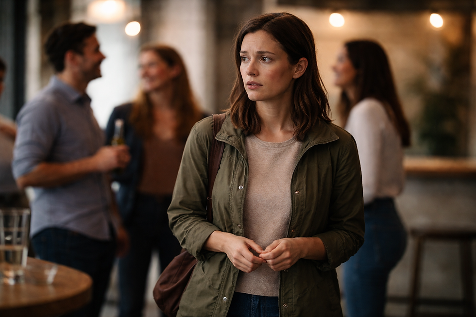 Mitten unter Menschen und dennoch isoliert – ein stiller Moment sozialer Angst im scheinbar normalen Alltag.