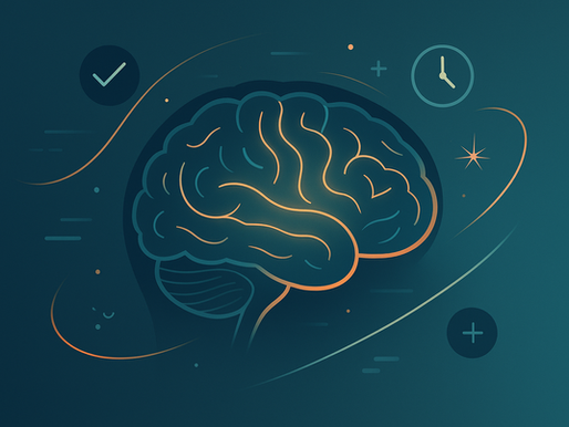 Illustration eines menschlichen Gehirns in moderner, minimalistischer Darstellung. Einzelne Areale leuchten in warmen Farben, während abstrakte Symbole und Linien rundherum Fokus, Ablenkung und Zeitmanagement darstellen. Beruhigende Farbpalette aus Blau- und Orangetönen.