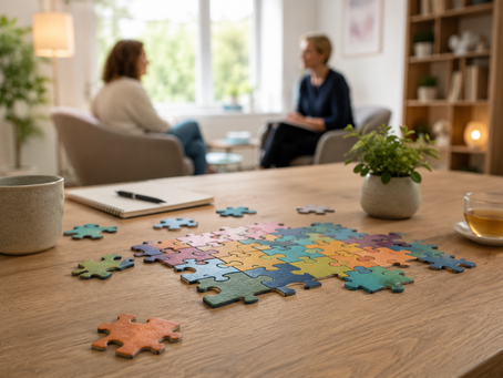 Heller Therapieraum mit zwei unscharfen Personen im Gespräch; auf einem Holztisch liegen bunte Puzzleteile, Notizbuch, Tee und eine kleine Pflanze.