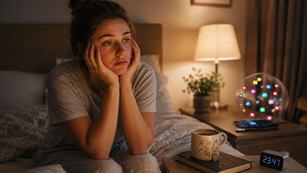 Erschöpfte Person sitzt abends im warm gedimmten Schlafzimmer auf dem Bett und blickt wach und nachdenklich; auf dem Nachttisch stehen Kräutertee und ein Buch, daneben liegt ein Smartphone, um das in einer transparenten Blase bunte Benachrichtigungs-Icons schweben.