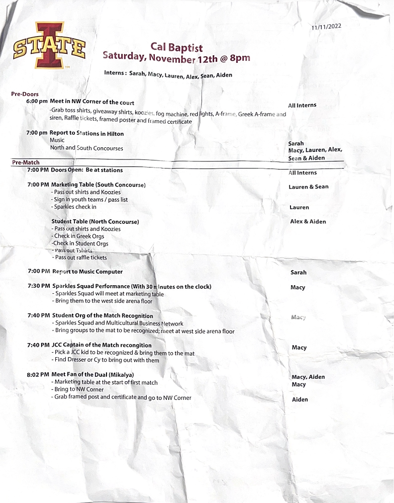 A scan of a intern assignment sheet from wrestling that I proofread