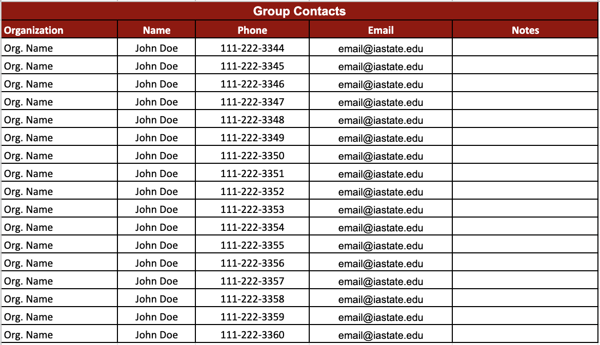A screenshot of a template for group contacts that I am in charge of finding and putting into a database