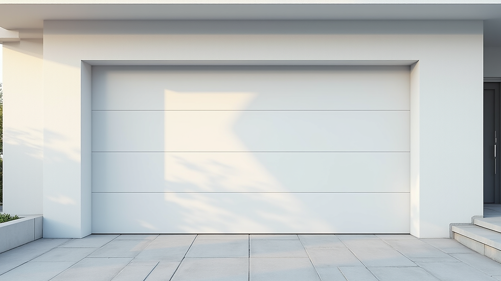 Eye-level view of a modern garage door with a smooth white finish
