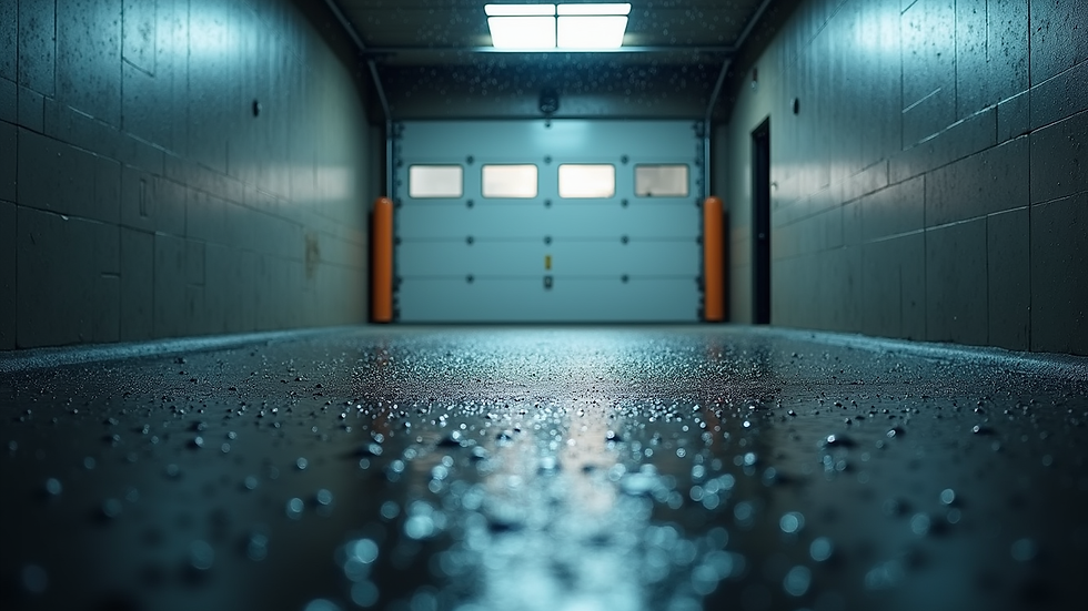 Eye-level view of a modern garage door with rain droplets on the surface