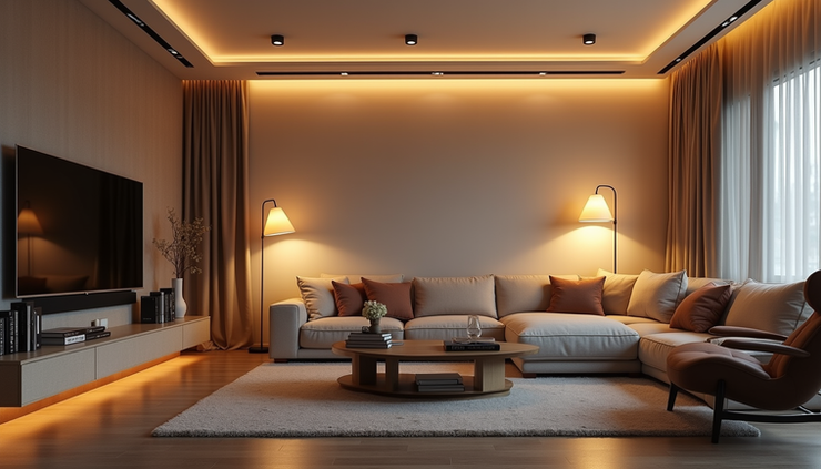 Eye-level view of a modern living room with layered lighting including ceiling lights, floor lamps, and accent lights