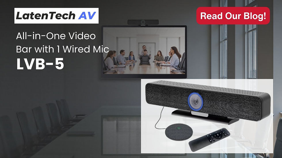 Video meeting in progress on screen with LatenTech AV LVB-5 video bar. Text: "All-in-One Video Bar with 1 Wired Mic." "Read Our Blog!"