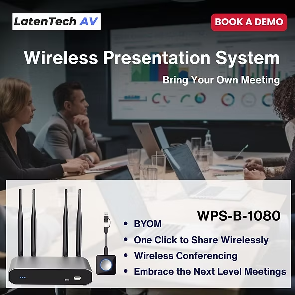 Business meeting with four people in a conference room, laptops open, charts on screen. Text: "Wireless Presentation System" and features.