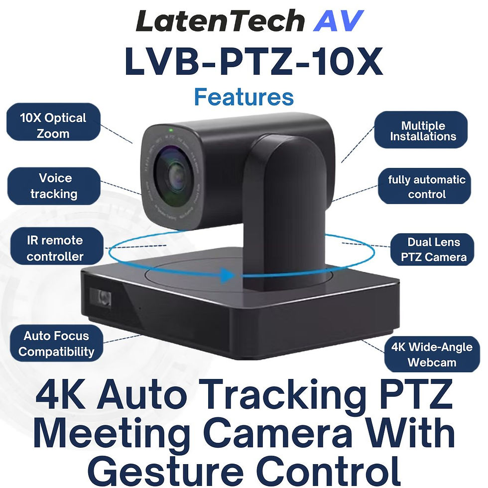 LatenTech AV LVB-PTZ-10X 4K PTZ meeting camera infographic with black dual-lens camera and feature callouts