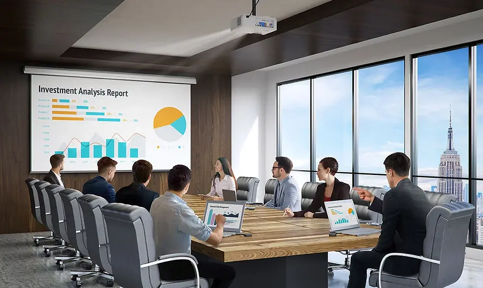 Business meeting in a modern conference room; team reviews an Investment Analysis Report on screen with charts, city skyline outside windows.