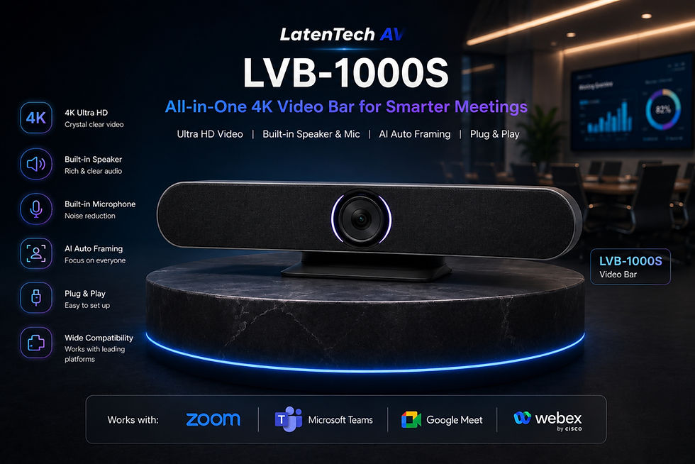 Video bar LVB-1000S on a pedestal, with features: 4K Ultra HD, AI auto framing, built-in speaker & mic. Compatible with Zoom, Teams, Meet.