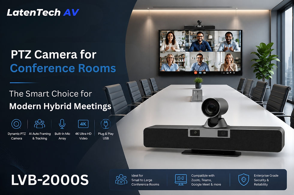 Conference room promo for LatenTech AV PTZ Camera, with hybrid meeting screen, camera on table, and text: LVB-2000S, 4K, AI framing