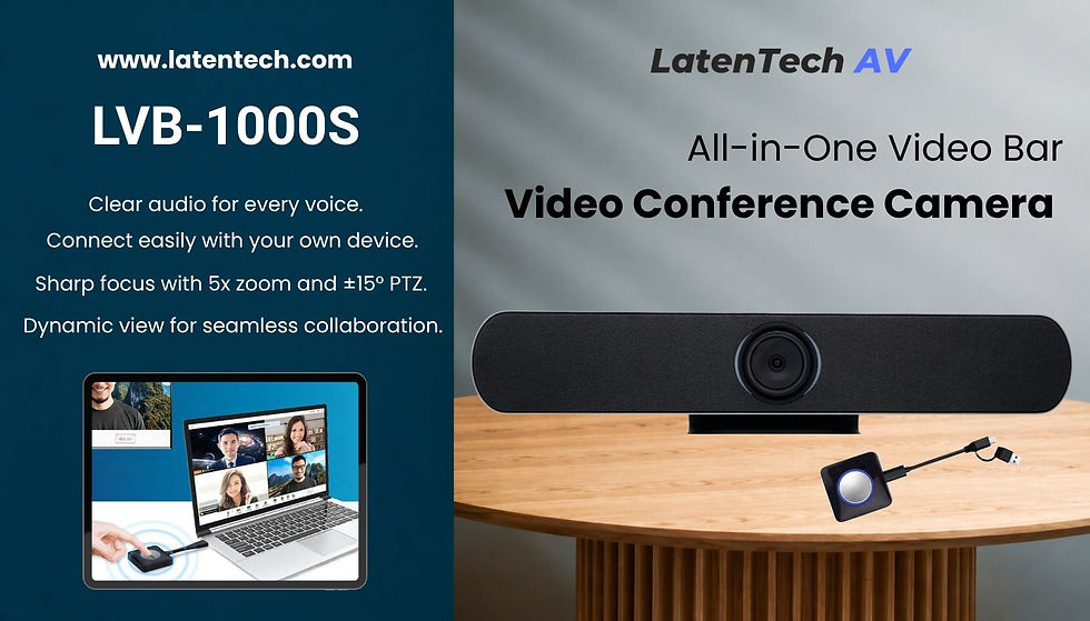 All-in-One Video Bar ad showing a sleek camera on a table, blue background, and text about clear audio, 5x zoom, and seamless collaboration.