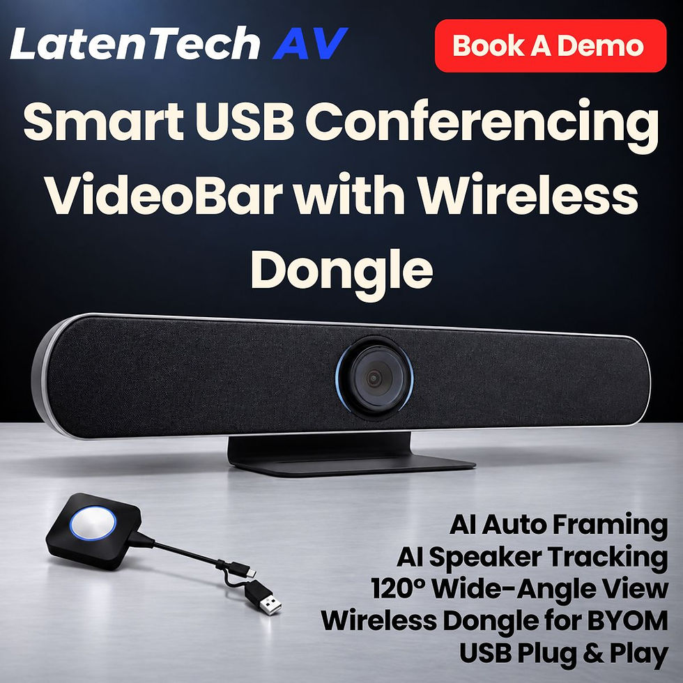 LatenTech AV promo for Smart USB Conferencing VideoBar with wireless dongle, black camera bar on table and Book A Demo button.